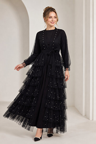 GLOW MUSE Eteği Katlı İncili Tül Abaya Takım -Siyah