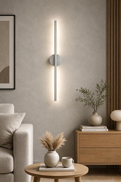 FK DESİGN Modern Gümüş Renk 70cm Pilli LED Duvar Apliği Kablosuz Dekoratif Aplik