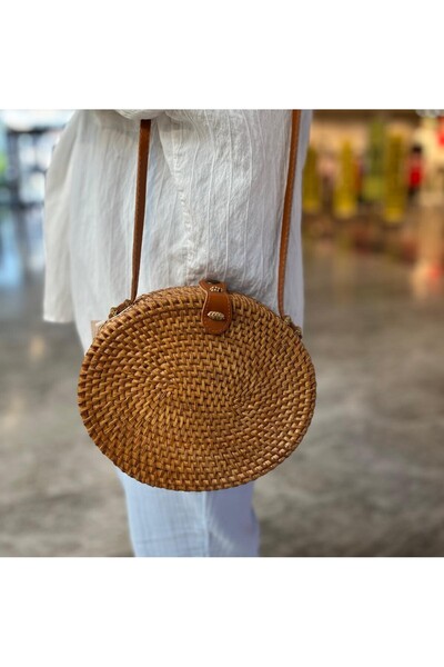 EdButikModa Oval Rattan Çanta Çapraz Askılı Bohem Günlük Omuz Çantası Doğal