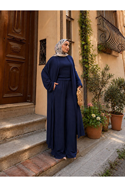 Efulim Womens Lacivert Üçlü Takım – Kimono, Kolsuz İç Bluz ve Bol Paça Pantolon