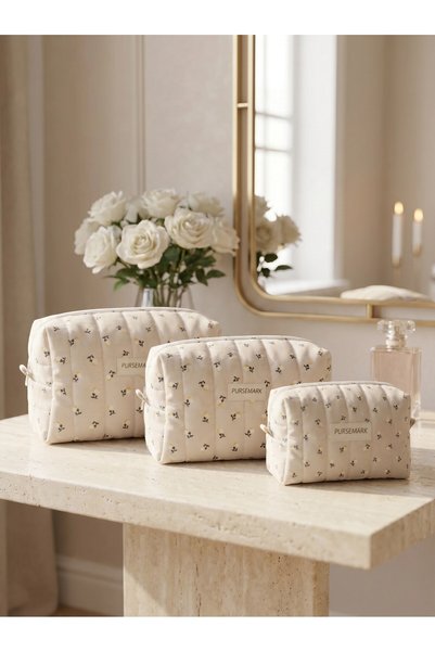 PURSEMARK Cream Yellow Floral Patterned Quilted Handmade (Set of 3) Makeup Bag - Travel Bag