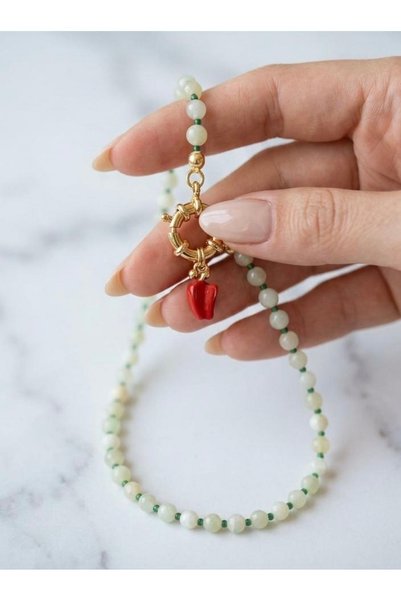 ILSA Natural Jade Stone Beaded Necklace with Red Pepper Charm Detail