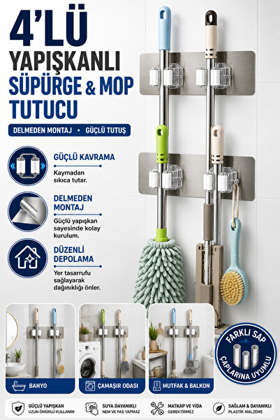 Hane Dostu 4'lü Yapışkanlı Süpürge Paspas Askılığı Mop Fırça Tutucu Organizer...
