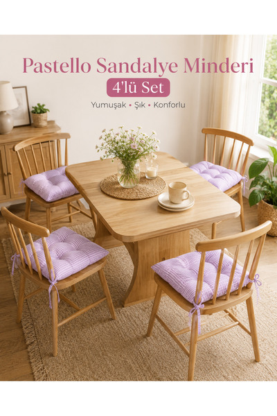 UYKUPEREST Pastello 4'lü Sandalye Minderi 40x40 Bağcıklı Pofidik Silikon Dolg...