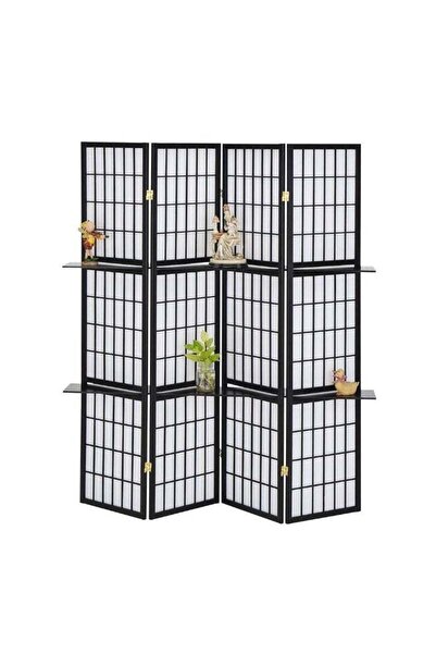 Danube Home Leynor 4-Panel Divider With Shelves Room Divider Modern Folding P...