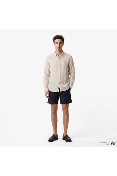 Tommy Hilfiger Erkek Normal Kesim Çizgili Logo Bayrak Nakışlı Saf Keten Kahve...