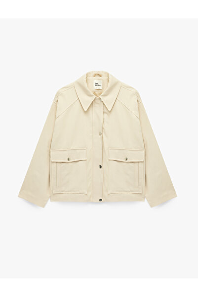 Koton Cotton Classic Collar Long Sleeve Zippered Crop Jacket with Pocket Detail