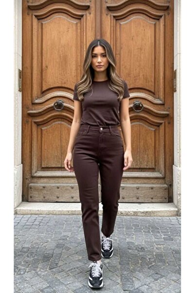 JAXEN Lisa Women's High Waist Brown Washed Lycra Mom Jean Pants