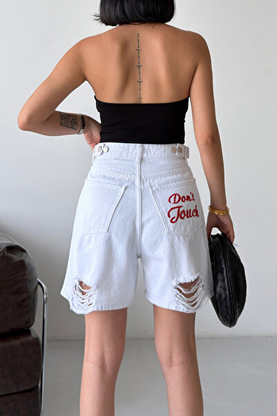 XRAY JEANS شورت جينز أبيض ممزق عالي الخصر للنساء