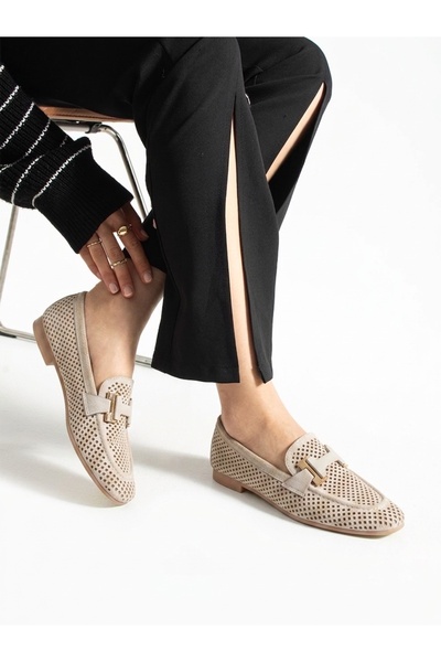 RMY SHOES Women's Beige Laser Cut Buckle Loafer Shoes – Casual Comfortable Ba...