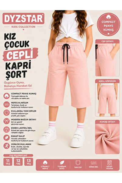 DYZSTAR Kız Çocuk Somon Pembe Cepli Kapri Şort Compact Penye Rahat Kalıp Last...