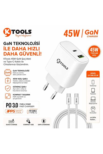 Ktools 45W GaN Hızlı Şarj Aleti PD 3.0 Type-C Kablolu Adaptör Telefon Tablet ...