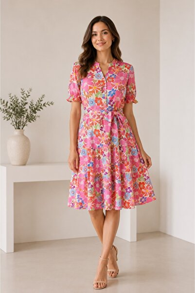 Bad Ro 24-72(5) - Rochie damă midi cu imprimeu floral, cordon în talie, mânec...
