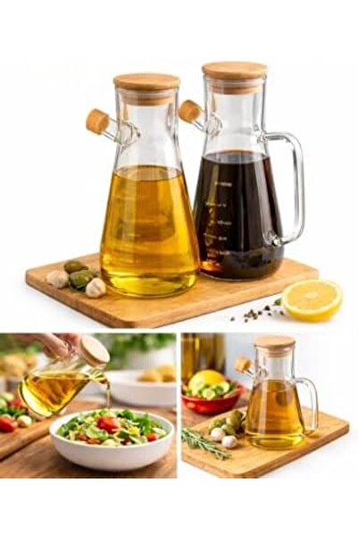 Yıldızan Edl Shop Glass Oil Bottle Set with Wooden Lid, Glass Vinegar and Oli...