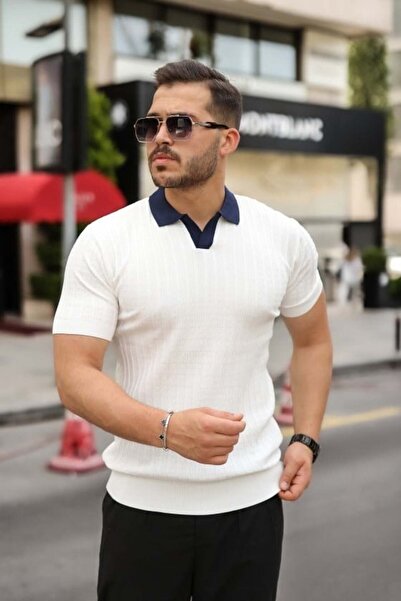 Aymood Men's Collar Detailed Patterned Textured Knitwear T-Shirt