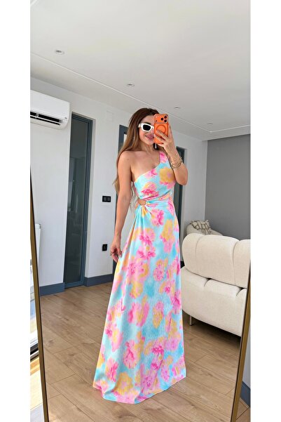 Yasmin Butik Çicek desenli tek kol saten elbise