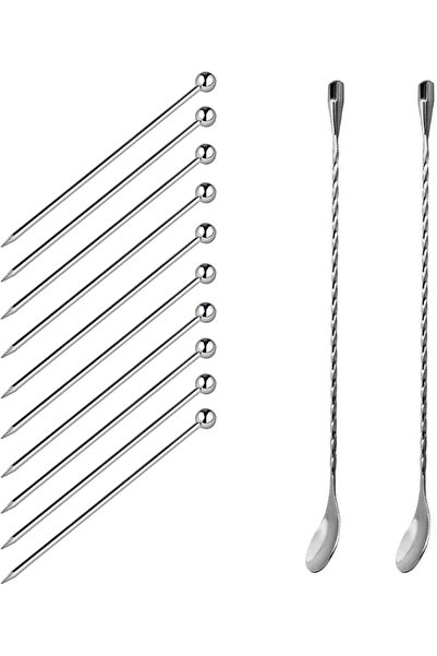 The Bros Set of 12 Stainless Steel Cocktail Picks&Mixing Spoons, 10 Pieces 4 ...