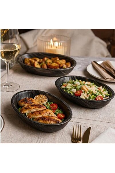 Yıldızan Adn Shop Black Oval Presentation Plate Set, 3-Piece, 26X16 Cm, Moder...