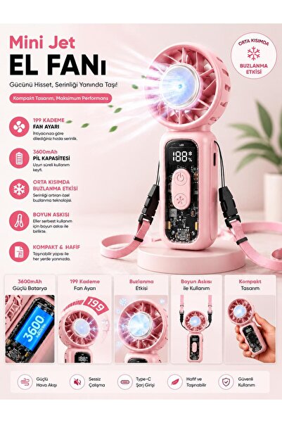 kawigo Mini Jet El Fanı Soğutucu 3600mAh Şarjlı Taşınabilir Boyun Askılı Soğutucu 199 Kademeli Turbo Fan Type-C USB Soğutucu