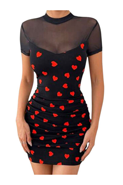 OEM Rochie mini, mulata, neagra cu inimioare, din bumbac, XL