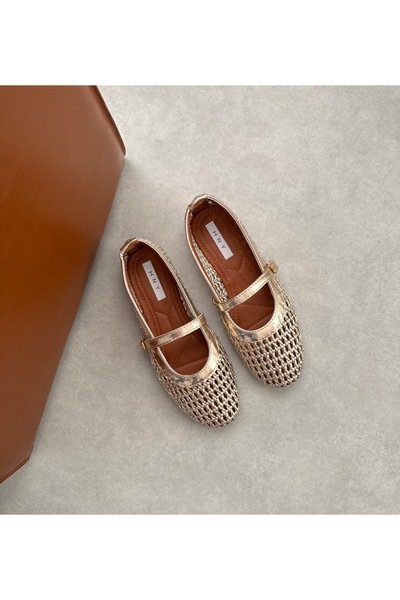 hny shoes Kadın Örgü Desenli Gold Babet