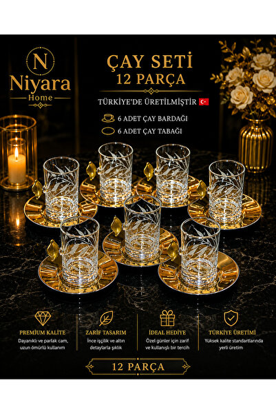Niyara home Tea Set 12 Pieces Made in Turkey 3 Teacups (6 Pieces) 6 Tea Sauce...