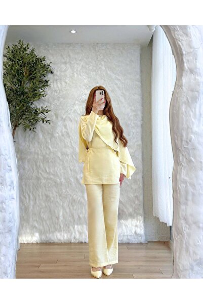 BELLASTORE Women's Light Yellow Cape Detailed Set
