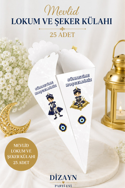 Dizayn Parti Evi Sünnet Lokum ve Şeker Külahı 25 Adet – Sarı & Beyaz Mevlid İ...