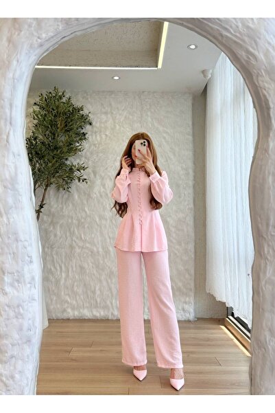 BELLASTORE Women's Pink Button Detailed Two-Piece Set