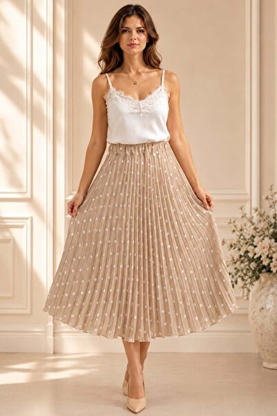 FashionForYou Fustă plisată elegantă IRISSA cu buline și croială midi, BEIGE