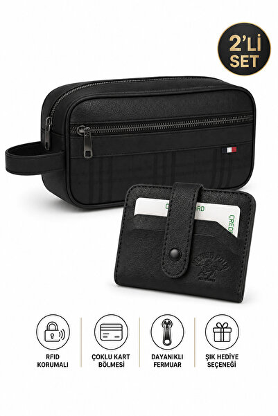 Newish Men's Black Vegan Leather Portfolio Handbag and Card Holder