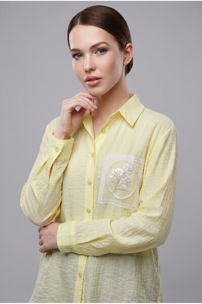 ELVA MODA Zarif Çiçek Motifli Premium Crinkle Dokulu Modern Kesim Sarı Kadın Gömlek
