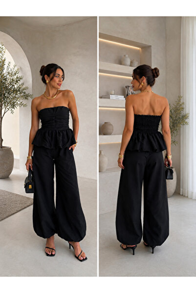 Kadın Siyah Straplez Peplum Bluz Balon Paça Pantolon 2'li Takım Yazlık Şık Takım