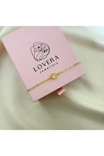 Lovera Jewellery 925 Ayar Gümüş Sertifikalı 14K Gold Renk Tek Taş Lotus Çiçeğ...