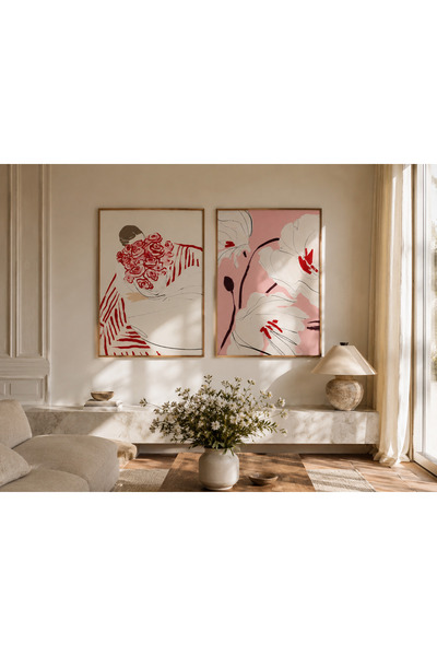 Boho wellness studio Ahşap Çerçeveli Romantik Çiçek ve Kadın İkili Poster Seti