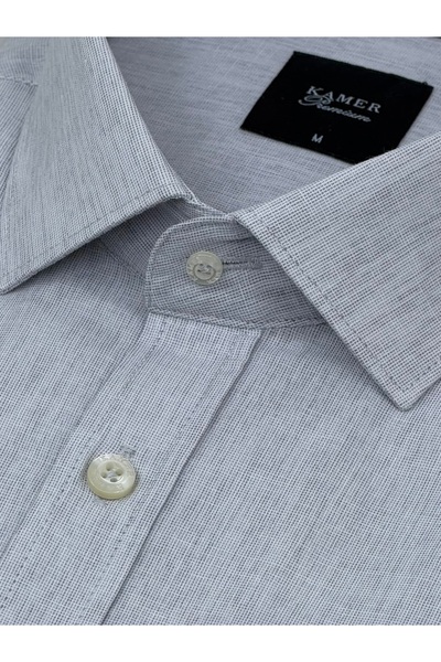KAMER Men's Regular Fit Short Sleeve Classic Collar Patterned Light Gray Shirt 9532Ag