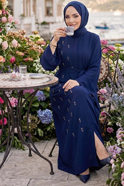 hafsamina Belted Floral Stone Robe Navy Blue Hm2853