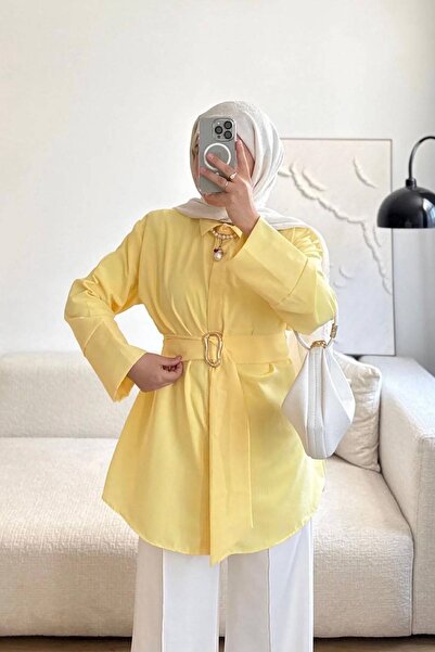 HİFADEN Women's Belted Gold Buckle Modern Cut Stylish Comfortable Long Sleeve Hijab Shirt