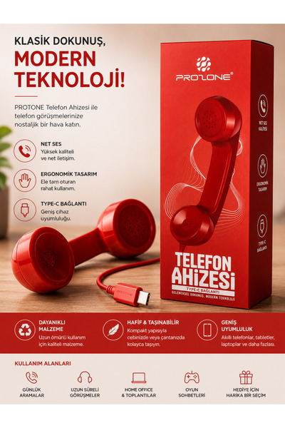 KRAL GRUP AKSESUAR POP Phone Type-C Portlu Retro Kablolu Telefon Ahizesi Kırmızı
