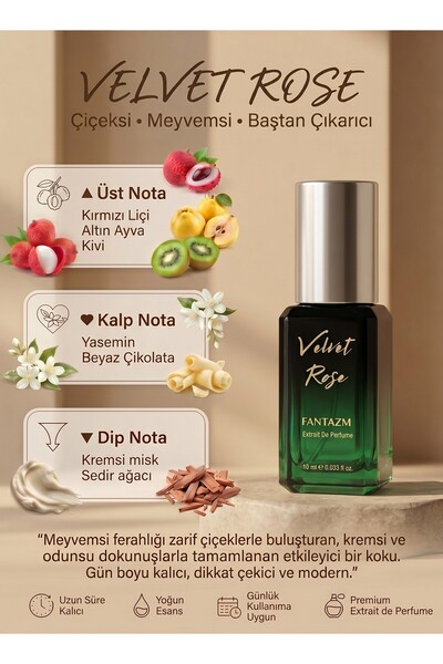 Fantazm Velvet Rose Extrait De Parfum 10 ML Kadın Parfümü - Çiçeksi Meyvemsi Kalıcı Yoğun Esans
