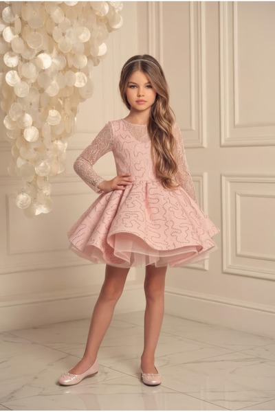 By Feyza Kids Collection Kız Çocuk Pullu Dantel Abiye Elbise - Sırtı Fiyonklu...