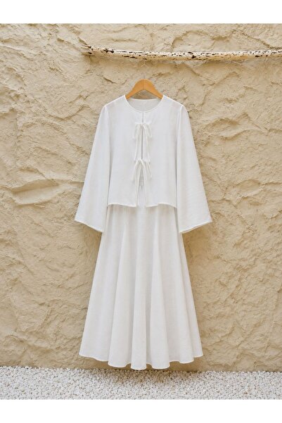 KÜÇÜĞÜM BUTİK White Linen Flared Skirt and Coffee Linen Tie-Up Blouse (2-Piec...