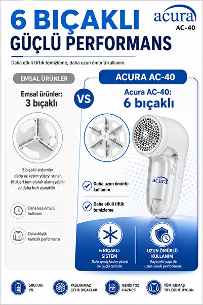 Acura AC-40 6 Bıçaklı Şarjlı Tüy ve Tiftik Temizleyici