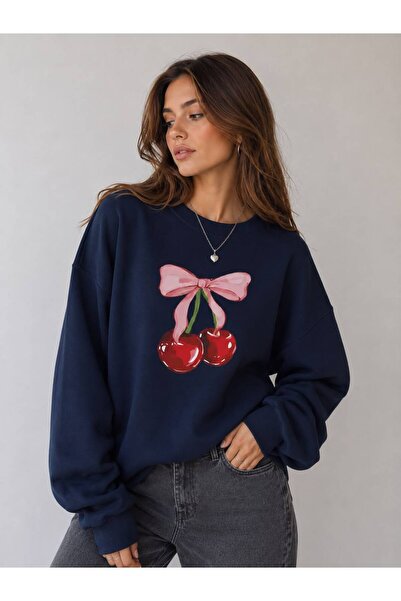 caddekombin Cherry and Ribbon Printed Hooded Sweatshirt with Kangaroo Pocket ...