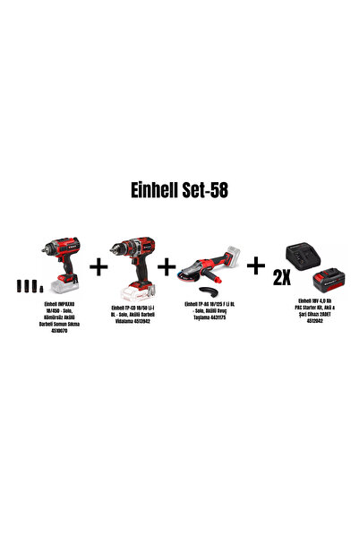 Einhell Set-58(18/450 Som Sıkma+18/50 Darb Vid+18/125 Akülü Taşlama+2x18V 4,0...