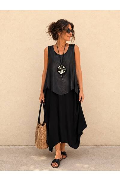 AGORATEKSTİL Women's Tulle Viscose Fabric Leather Vest Necklace Dress 3-Piece...