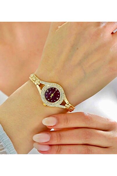Rachel Silver Zircon Stone Gold Color Burgundy Dial Women's Watch