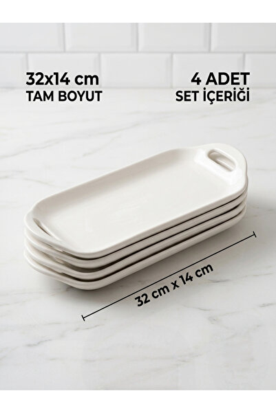 Le Paon 4'lü Seramik Sunum Tabağı 32 cm Dikdörtgen Kahvaltı ve Yemek Servis T...