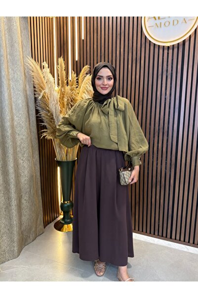 Fashionbox Aven šal, detaljna bluza od tula bez podstave | Kaki