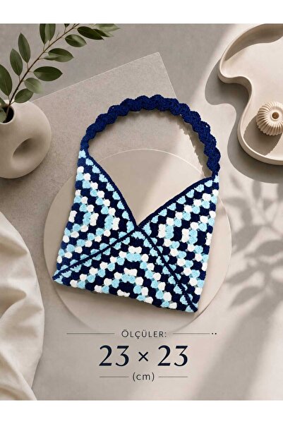 Sonmin Granny square el örgüsü bohem omuz çantası (mavi beyaz )